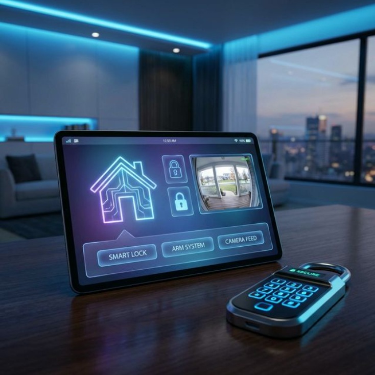 smart home security system interface, digital lock, tablet control, secure home monitoring, high tech, blue tones, 3d render, no people
